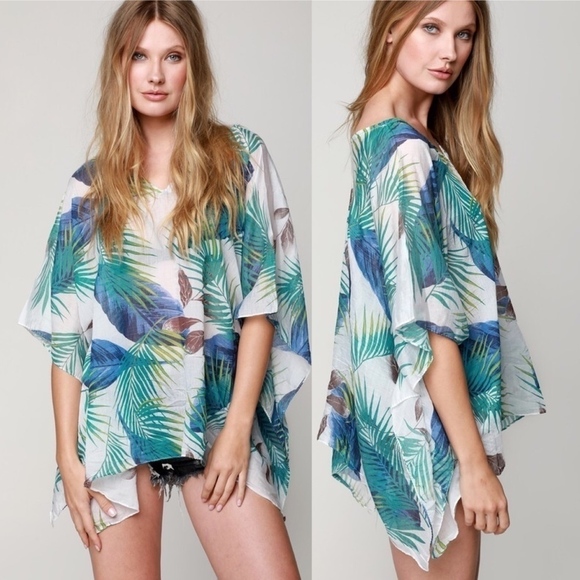 Blue White Tropical Pattern Coverup BB1176 - Picture 1 of 2